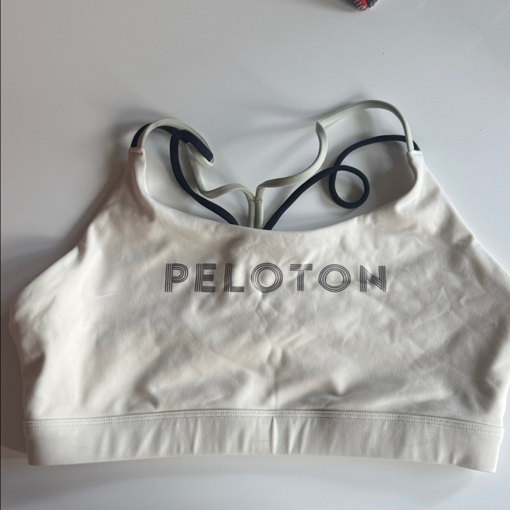 Peloton White Sports Bra with Black and Green Straps